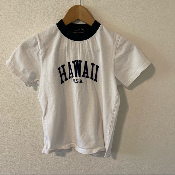 Brandy Melville Tops - Brandy Melville Helen Tee Hawaii USA White Navy Cropped Embroidered Ringer-OS